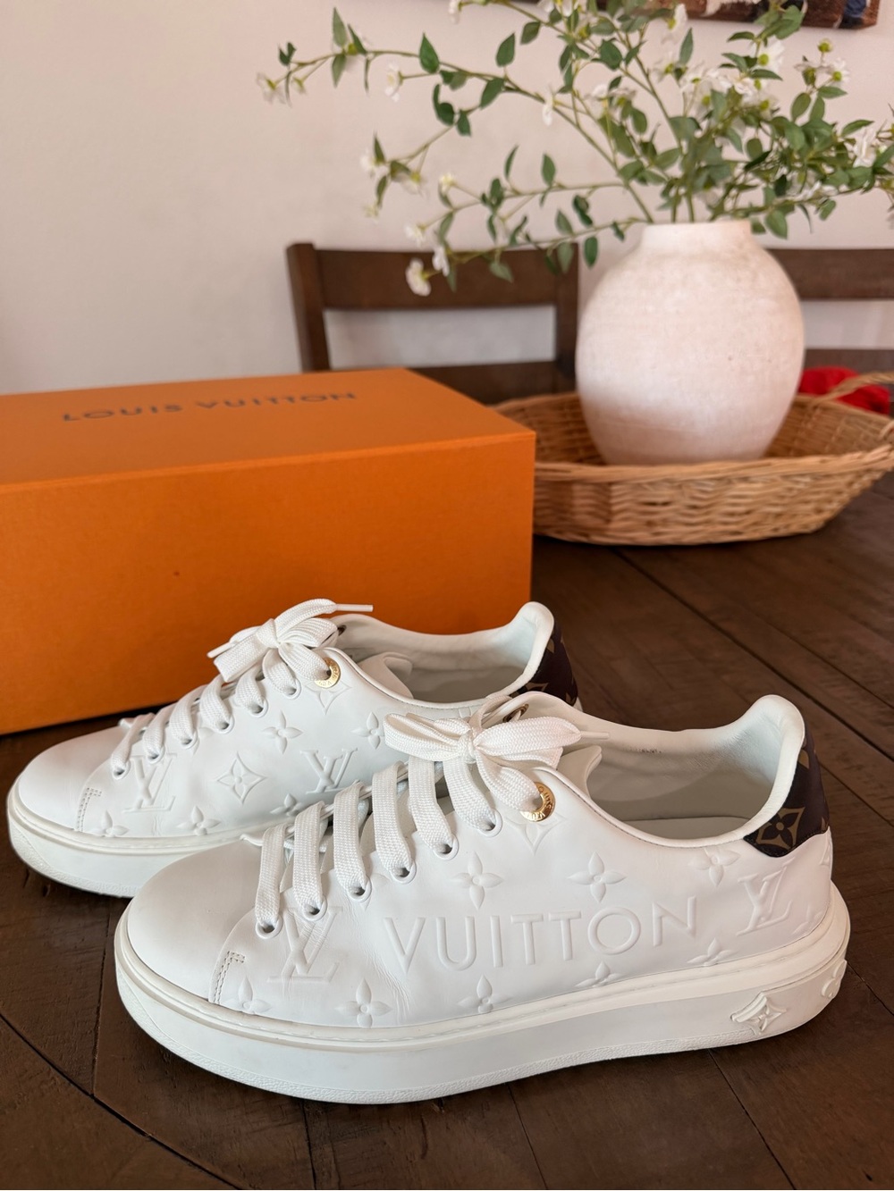 Louis Vuitton White Leather Embossed Monogram Sneakers with Brown Heel